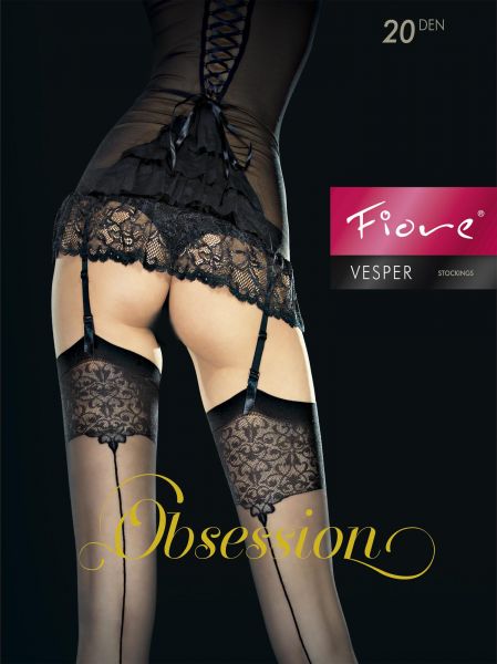 Stockings med mönstrad kant och söm-look Vesper från Fiore, 20 DEN