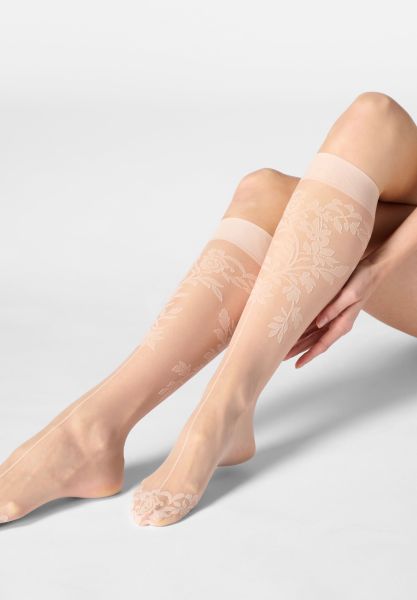 Eleganta tunna knästrumpor med blommigt spetsmönster och söm från Oroblu
